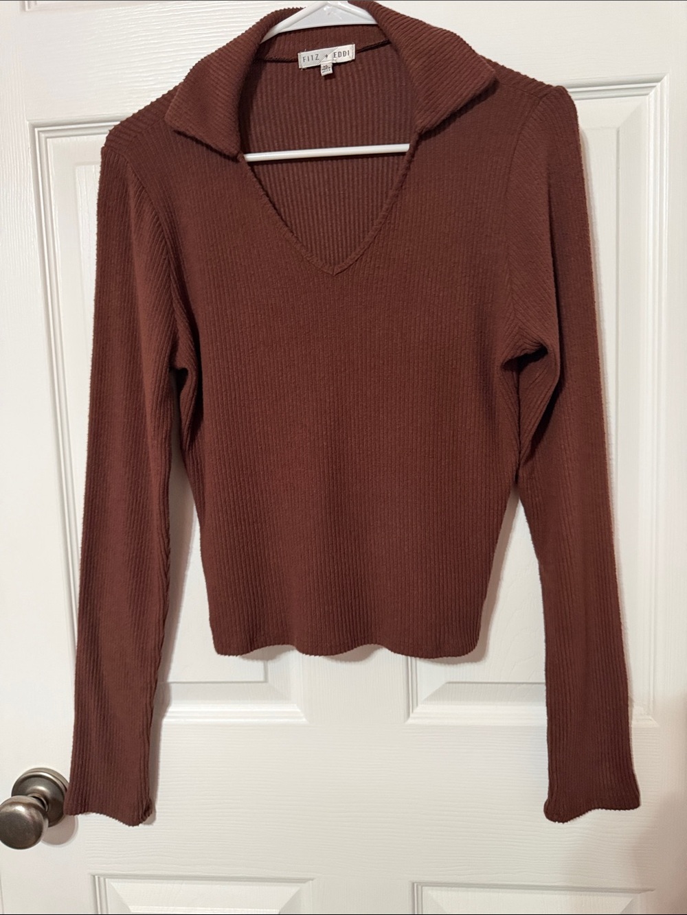 Fitz + Eddi Ribbed V-Neck Collared Sweater - Brown